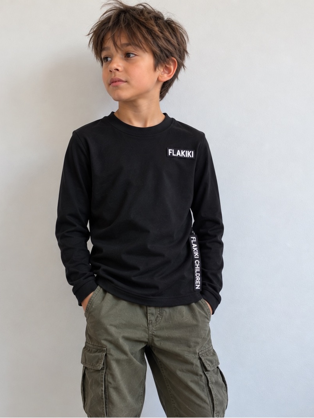 FLAKIKI Children Long-Sleeve Crewneck T-Shirt - Black (Size 9Y)